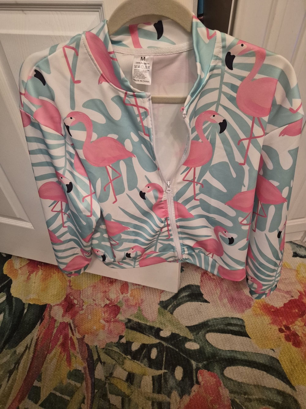 Pink Flamingo Print Bomber Jacket - Women's Zip Front